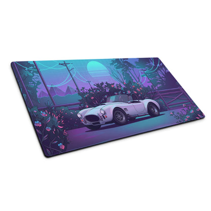 Shelby Cobra Inspired White Purple Vaporwave Gaming Mouse Pad, Classic Roadster Desk Mat with Neon Floral Forest and Retro Futuristic Artwork