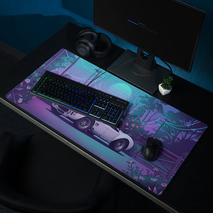 Shelby Cobra Inspired White Purple Vaporwave Gaming Mouse Pad, Classic Roadster Desk Mat with Neon Floral Forest and Retro Futuristic Artwork