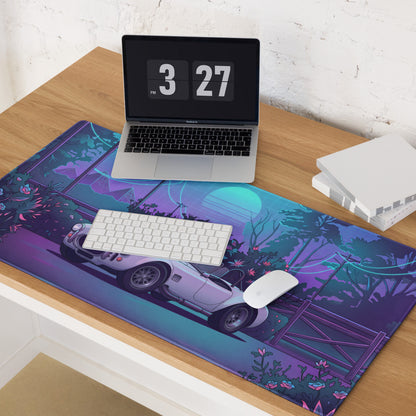 Shelby Cobra Inspired White Purple Vaporwave Gaming Mouse Pad, Classic Roadster Desk Mat with Neon Floral Forest and Retro Futuristic Artwork