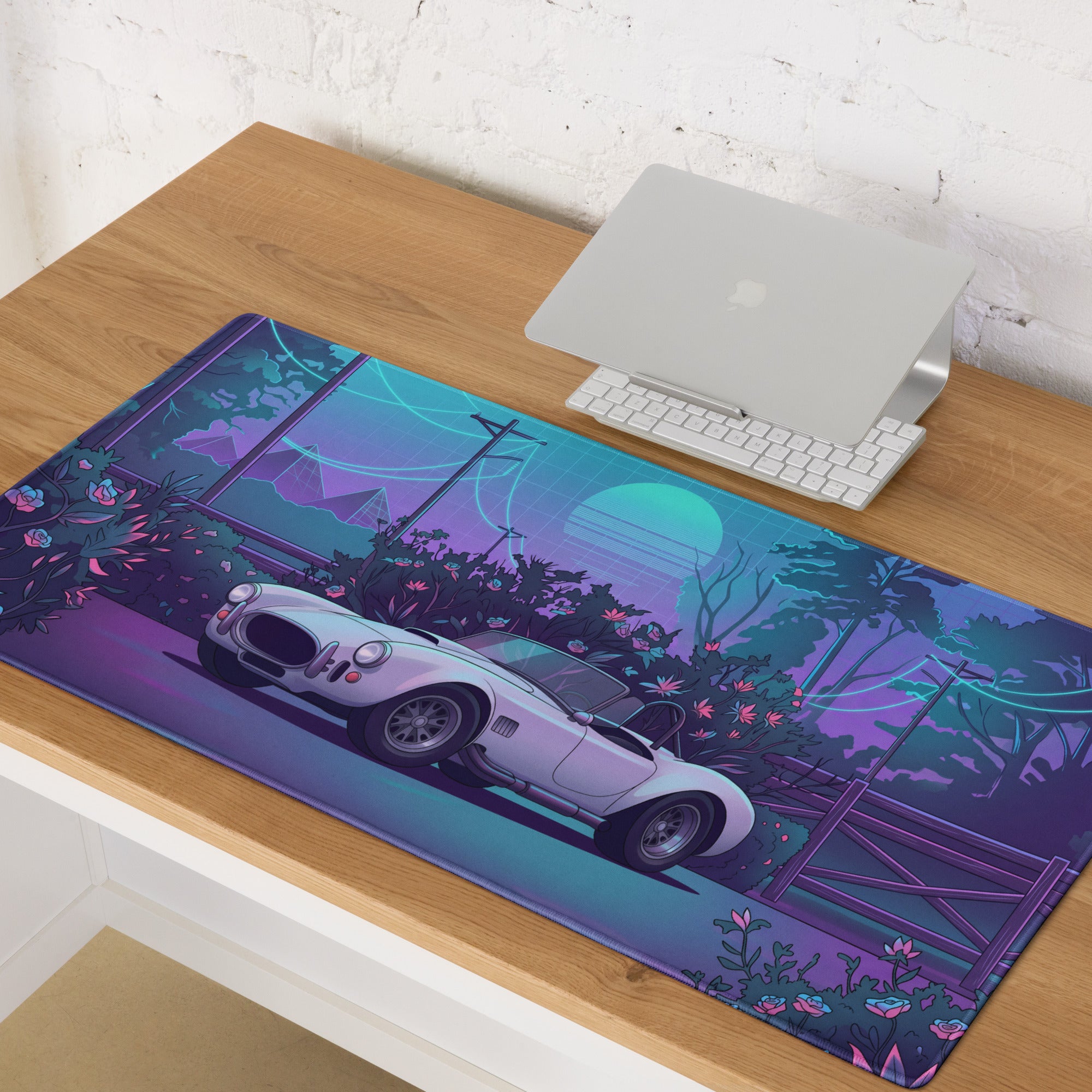 Shelby Cobra Inspired White Purple Vaporwave Gaming Mouse Pad, Classic Roadster Desk Mat with Neon Floral Forest and Retro Futuristic Artwork