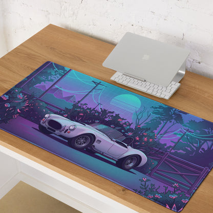 Shelby Cobra Inspired White Purple Vaporwave Gaming Mouse Pad, Classic Roadster Desk Mat with Neon Floral Forest and Retro Futuristic Artwork