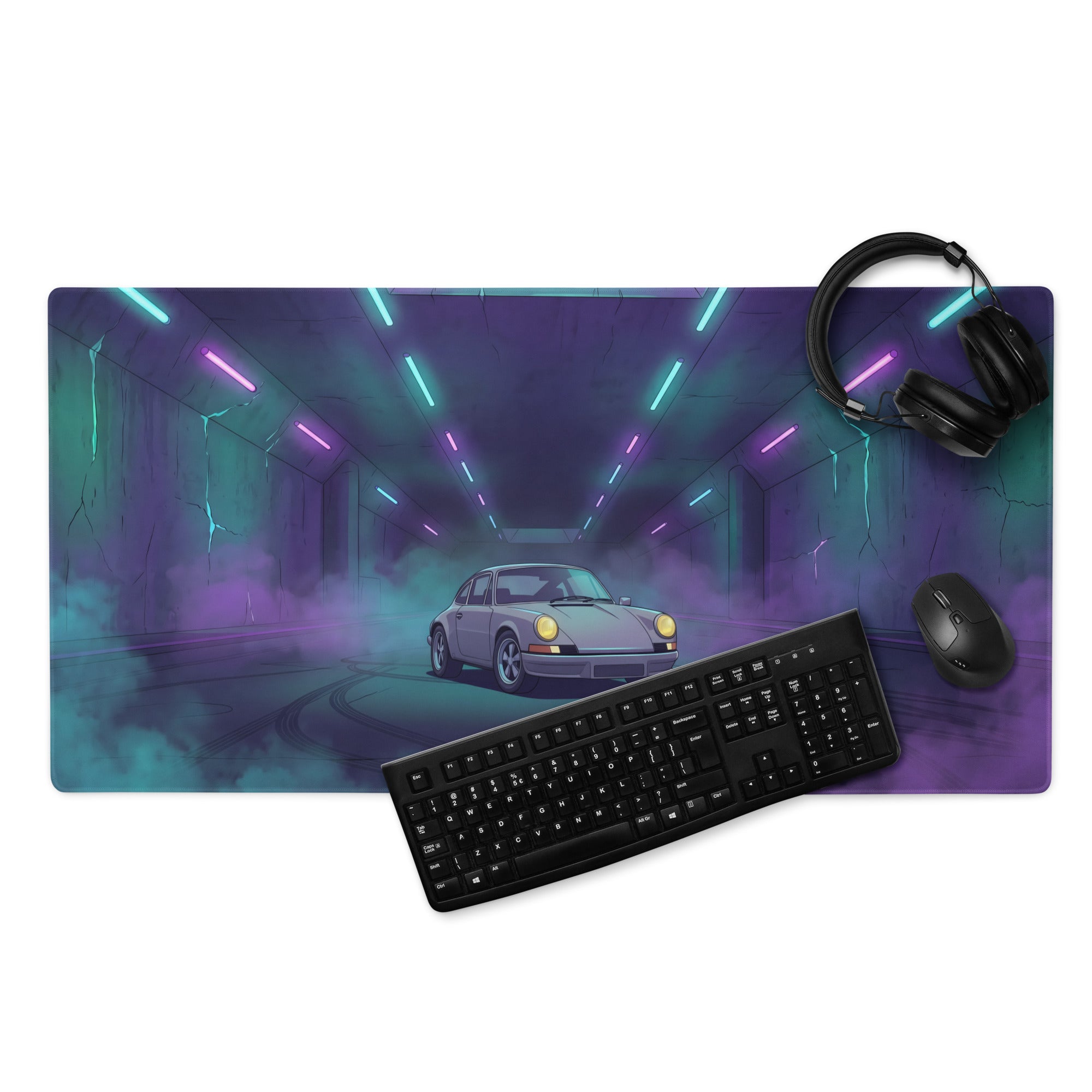 Porsche 911 Carrera 3.2 Inspired Silver Purple Vaporwave Gaming Mouse Pad, Retro Sports Car Desk Mat with Neon Tunnel Artwork