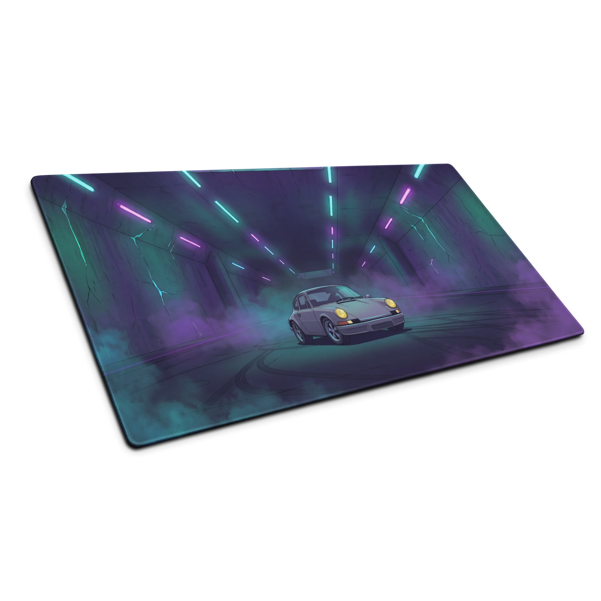 Porsche 911 Carrera 3.2 Inspired Silver Purple Vaporwave Gaming Mouse Pad, Retro Sports Car Desk Mat with Neon Tunnel Artwork