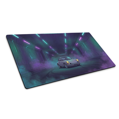 Porsche 911 Carrera 3.2 Inspired Silver Purple Vaporwave Gaming Mouse Pad, Retro Sports Car Desk Mat with Neon Tunnel Artwork