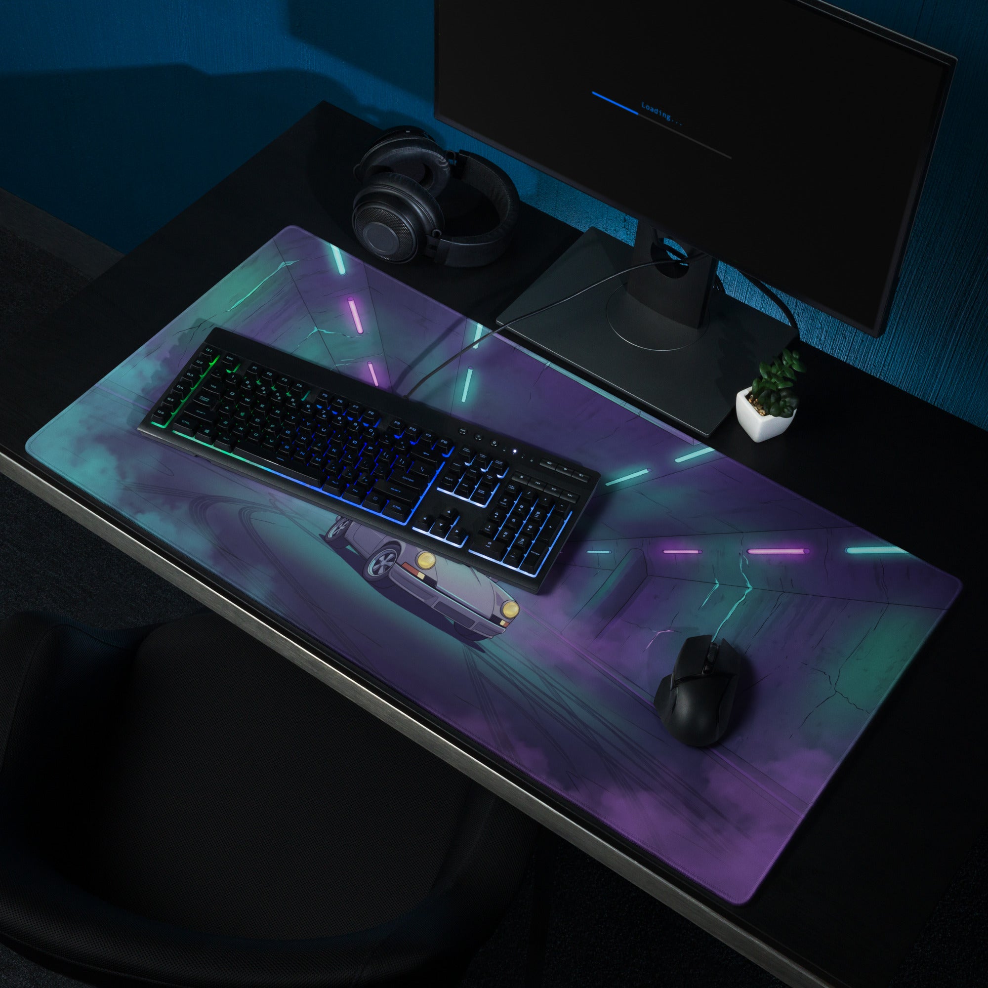 Porsche 911 Carrera 3.2 Inspired Silver Purple Vaporwave Gaming Mouse Pad, Retro Sports Car Desk Mat with Neon Tunnel Artwork
