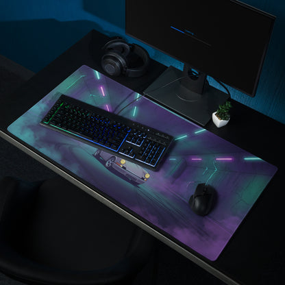 Porsche 911 Carrera 3.2 Inspired Silver Purple Vaporwave Gaming Mouse Pad, Retro Sports Car Desk Mat with Neon Tunnel Artwork