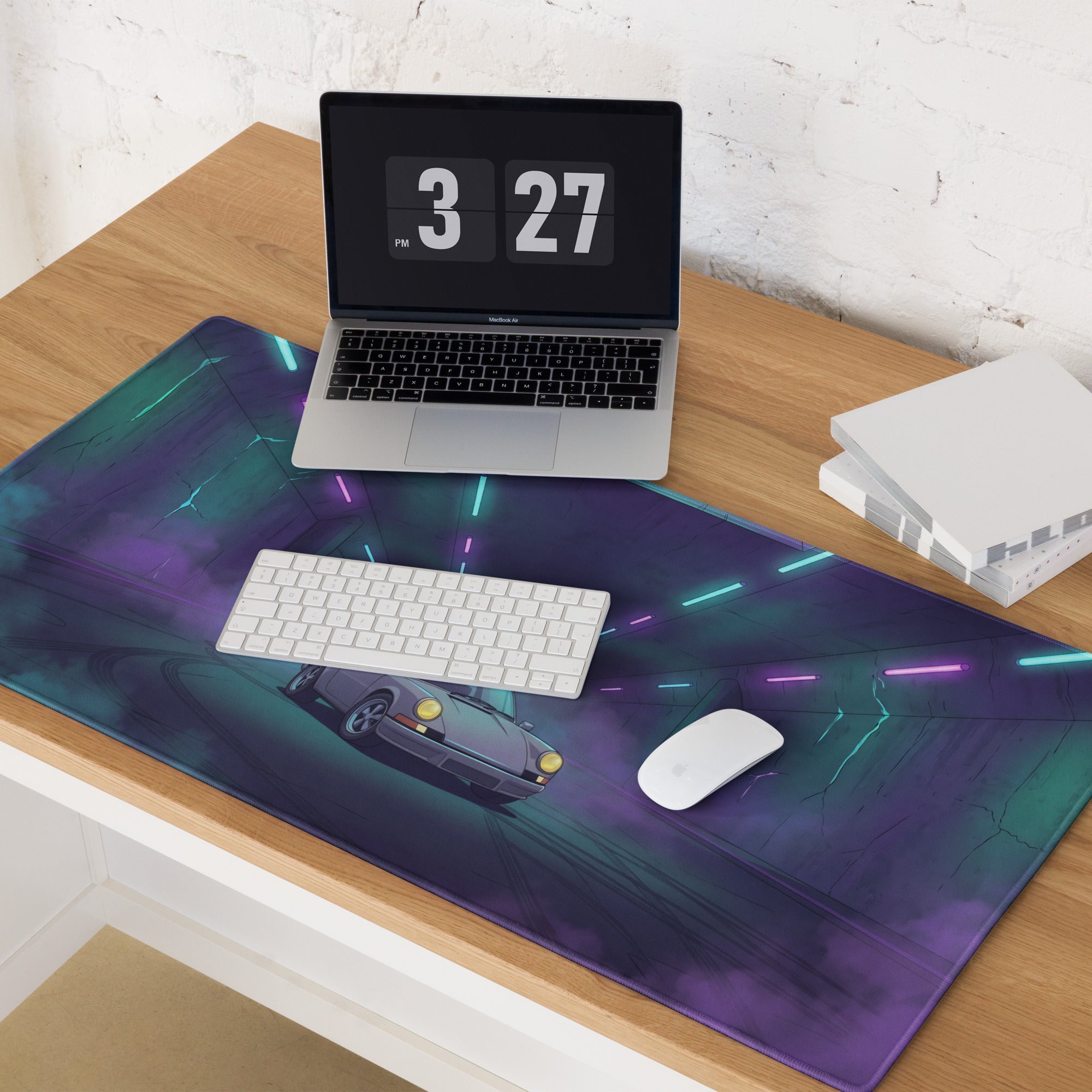 Porsche 911 Carrera 3.2 Inspired Silver Purple Vaporwave Gaming Mouse Pad, Retro Sports Car Desk Mat with Neon Tunnel Artwork