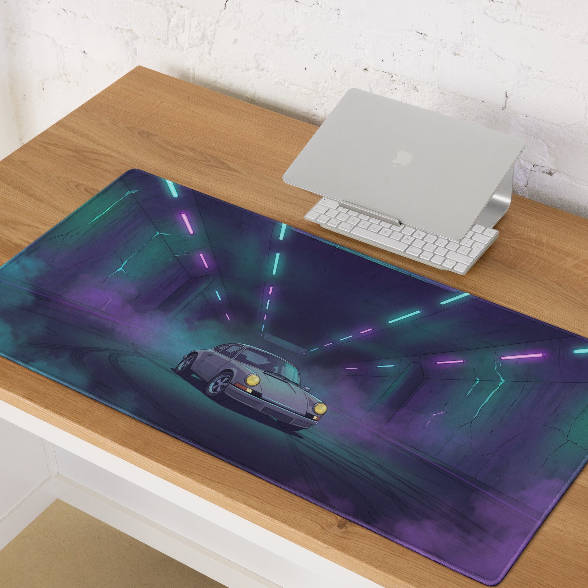 Porsche 911 Carrera 3.2 Inspired Silver Purple Vaporwave Gaming Mouse Pad, Retro Sports Car Desk Mat with Neon Tunnel Artwork