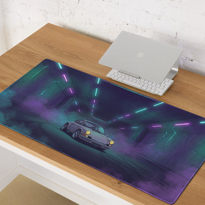Porsche 911 Carrera 3.2 Inspired Silver Purple Vaporwave Gaming Mouse Pad, Retro Sports Car Desk Mat with Neon Tunnel Artwork