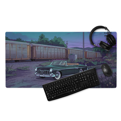 1956 Chrysler New Yorker Inspired Black Teal Vaporwave Gaming Mouse Pad, Classic Convertible Desk Mat with Retro Railroad Sunset Artwork
