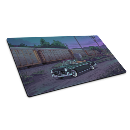 1956 Chrysler New Yorker Inspired Black Teal Vaporwave Gaming Mouse Pad, Classic Convertible Desk Mat with Retro Railroad Sunset Artwork