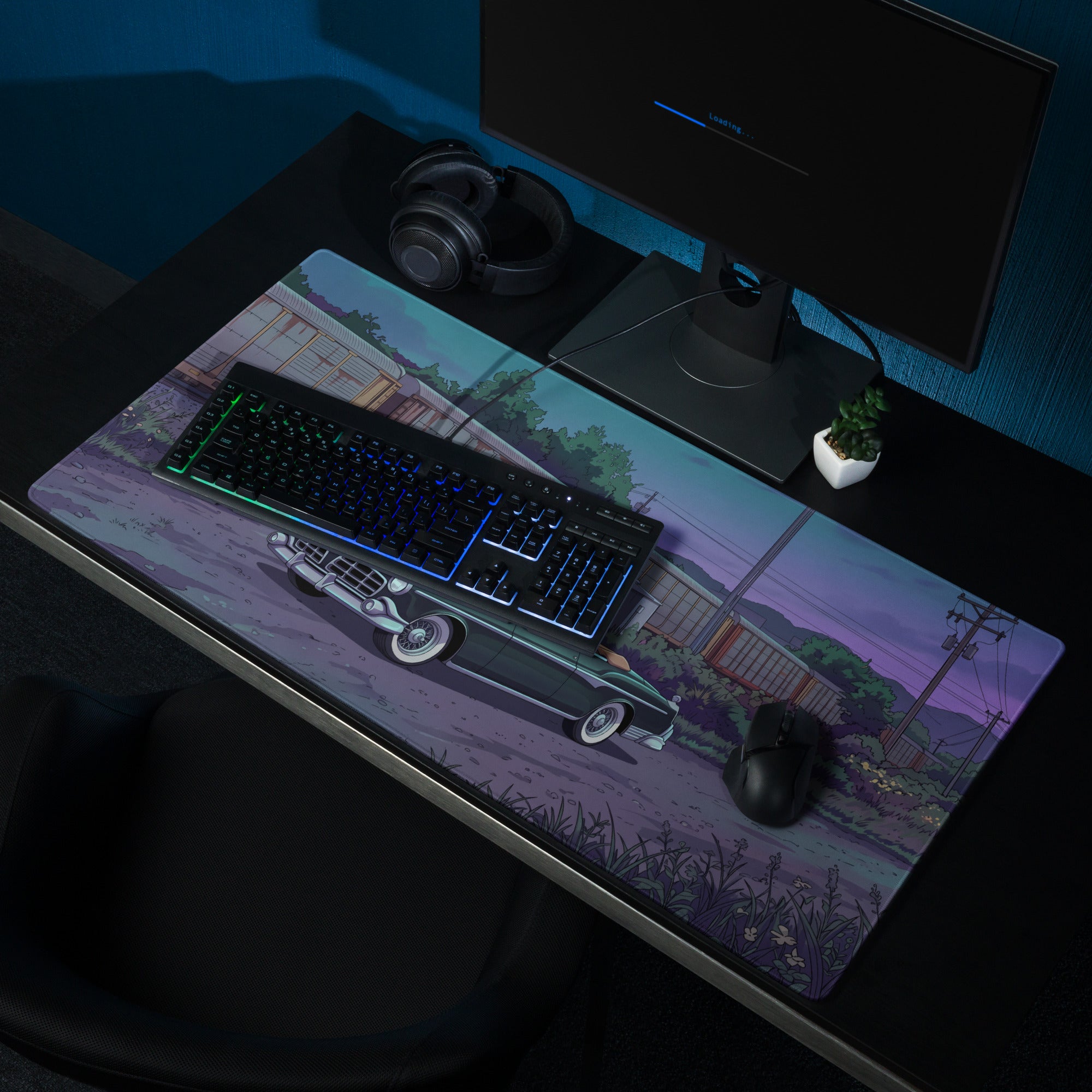 1956 Chrysler New Yorker Inspired Black Teal Vaporwave Gaming Mouse Pad, Classic Convertible Desk Mat with Retro Railroad Sunset Artwork