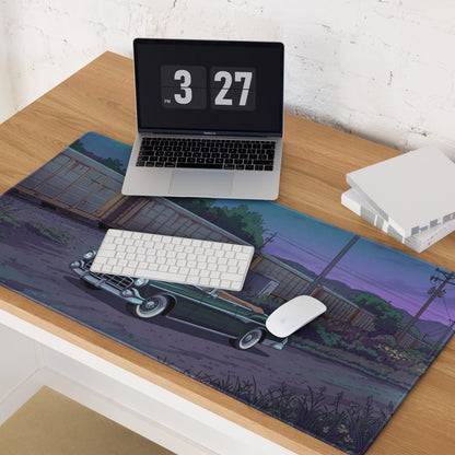 1956 Chrysler New Yorker Inspired Black Teal Vaporwave Gaming Mouse Pad, Classic Convertible Desk Mat with Retro Railroad Sunset Artwork