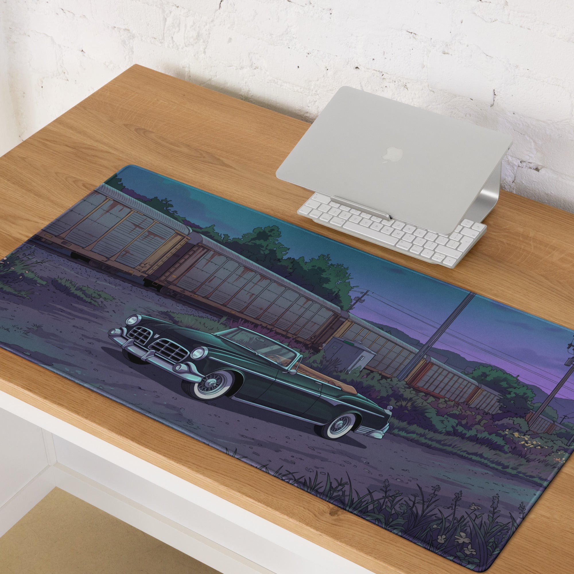 1956 Chrysler New Yorker Inspired Black Teal Vaporwave Gaming Mouse Pad, Classic Convertible Desk Mat with Retro Railroad Sunset Artwork