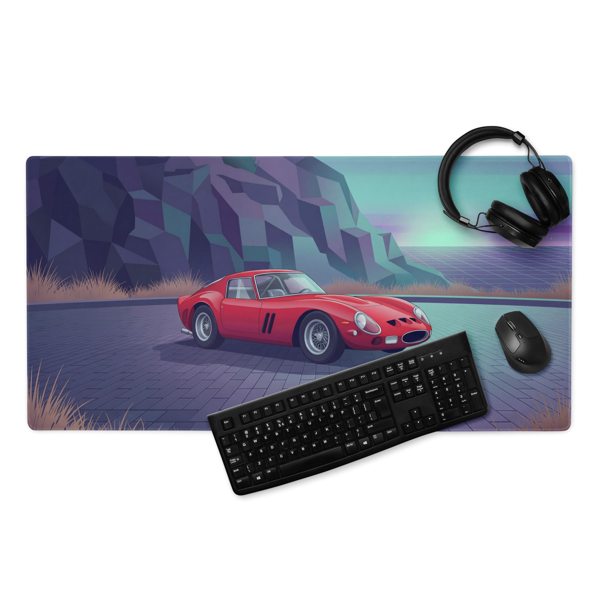 Ferrari 250 GTO Inspired Red Purple Vaporwave Gaming Mouse Pad, Classic Italian Race Car Desk Mat with Retro Futuristic Mountain Road Artwork