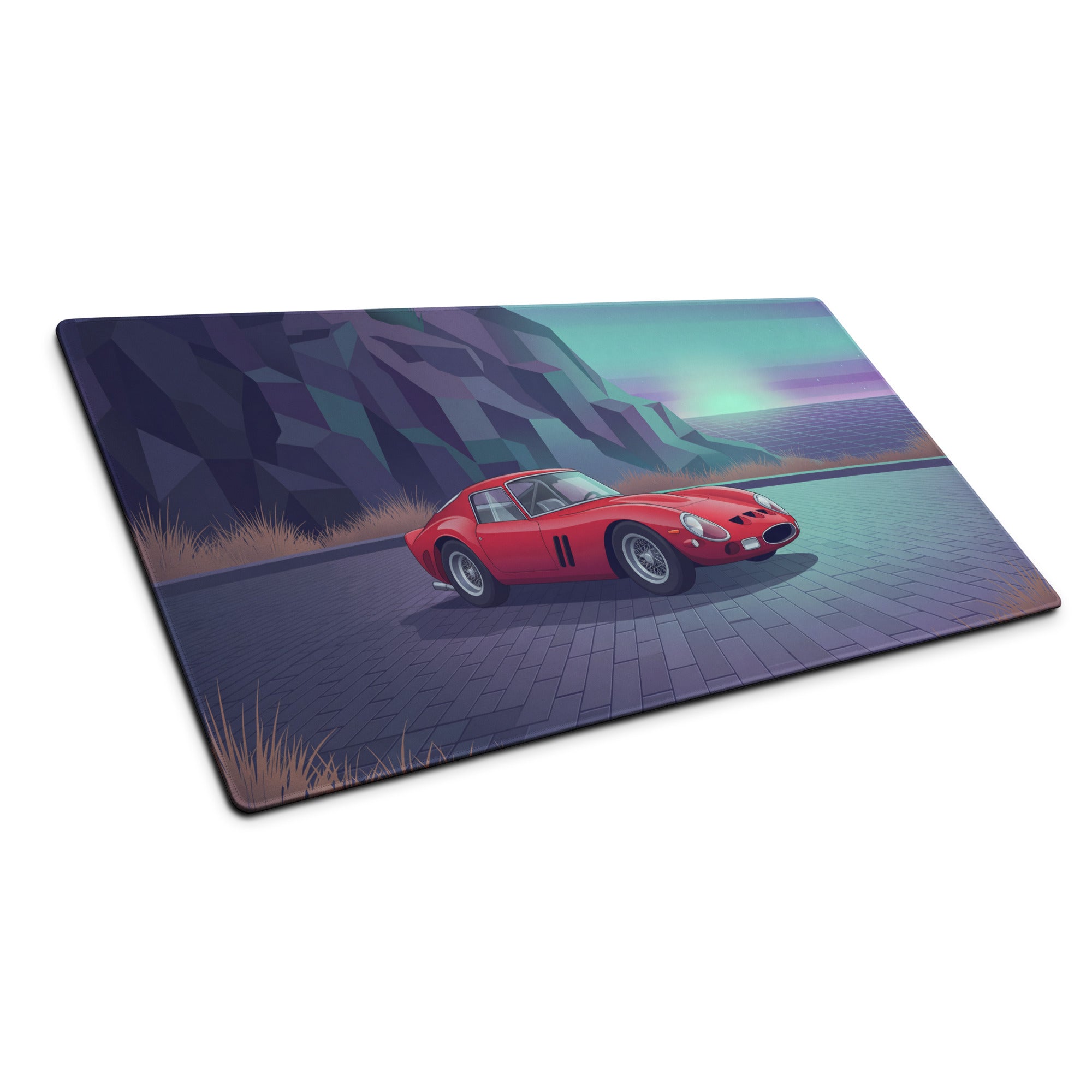 Ferrari 250 GTO Inspired Red Purple Vaporwave Gaming Mouse Pad, Classic Italian Race Car Desk Mat with Retro Futuristic Mountain Road Artwork