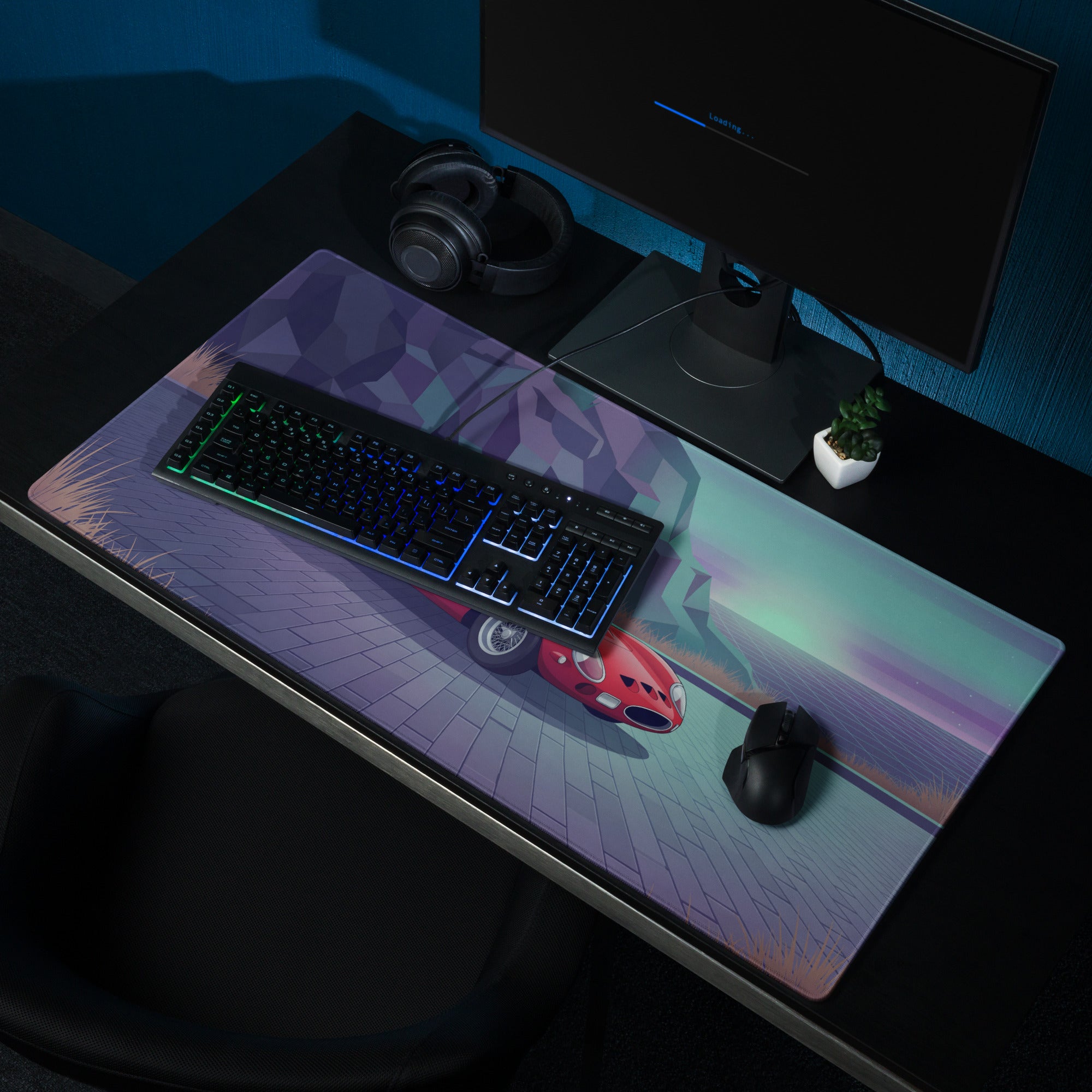 Ferrari 250 GTO Inspired Red Purple Vaporwave Gaming Mouse Pad, Classic Italian Race Car Desk Mat with Retro Futuristic Mountain Road Artwork
