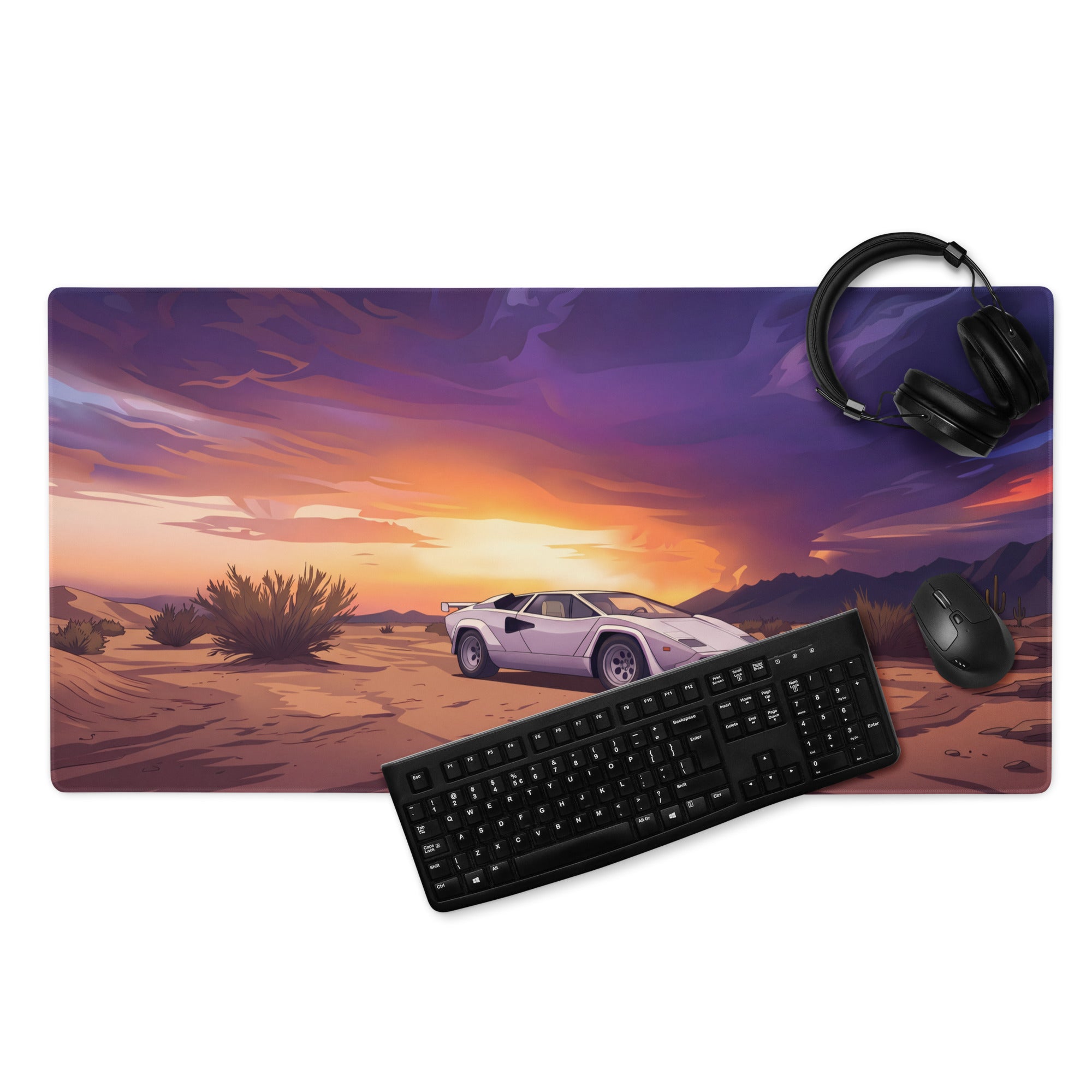 Lamborghini Countach Inspired White Orange Vaporwave Gaming Mouse Pad, Retro Supercar Desk Mat with Dramatic Desert Sunset Artwork