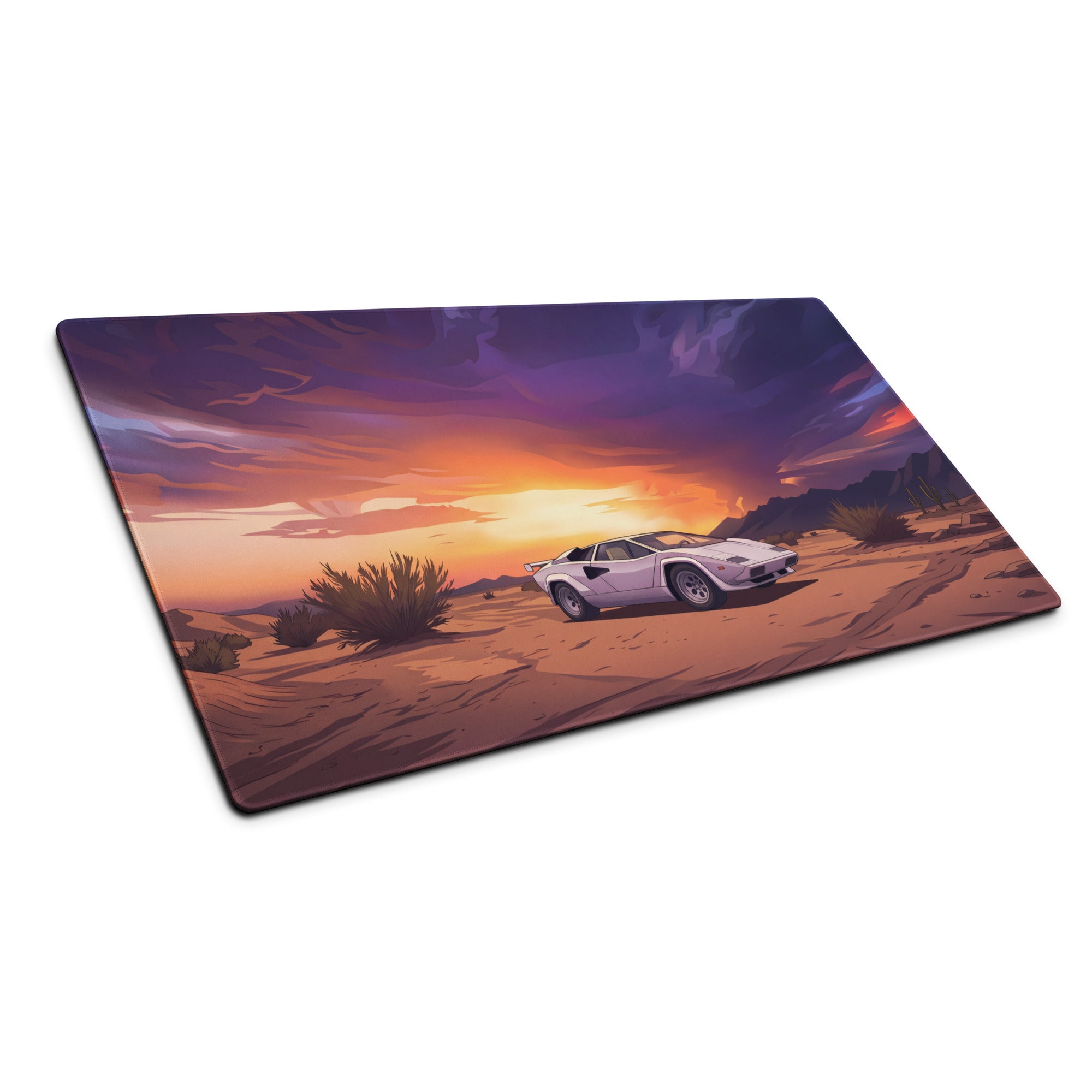 Lamborghini Countach Inspired White Orange Vaporwave Gaming Mouse Pad, Retro Supercar Desk Mat with Dramatic Desert Sunset Artwork