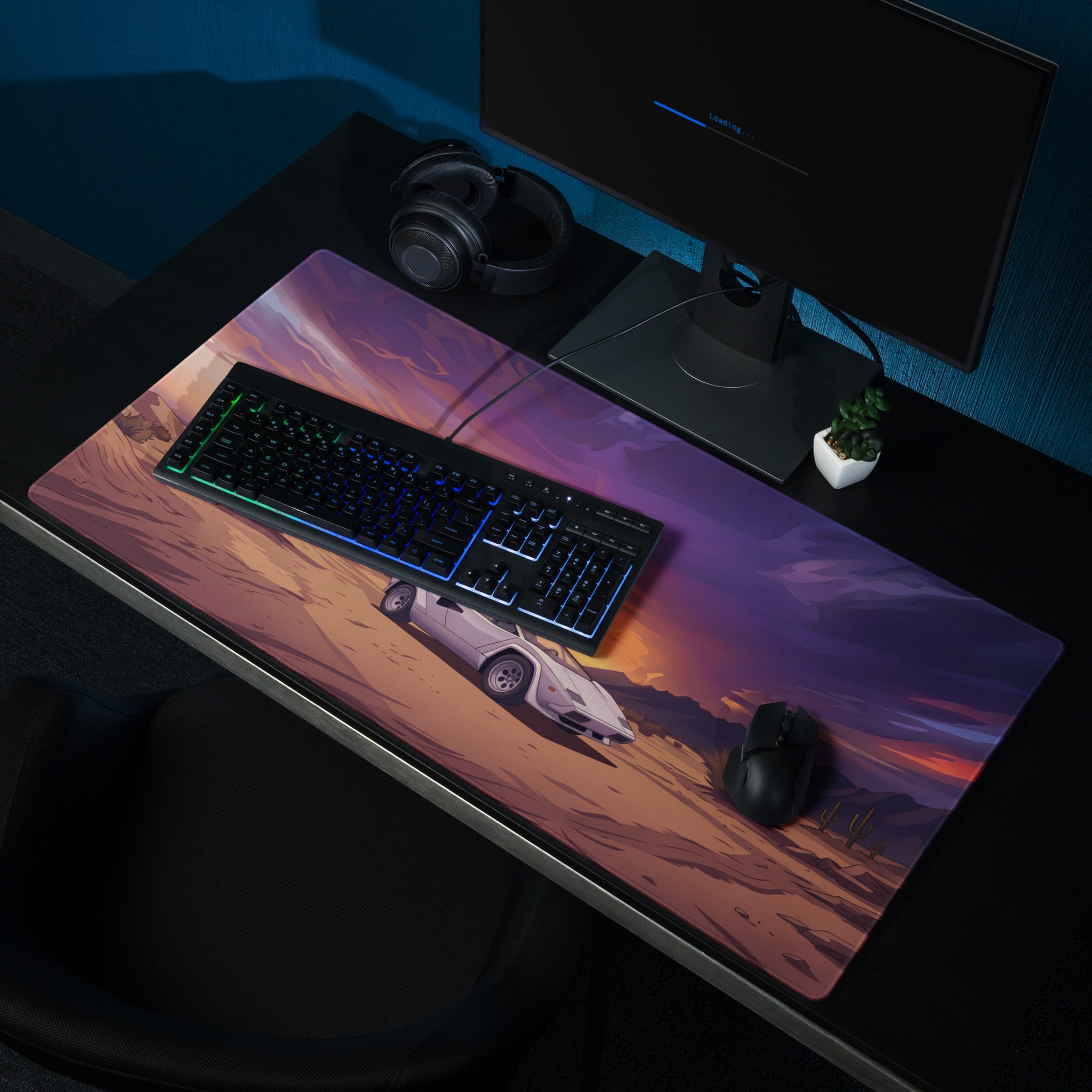 Lamborghini Countach Inspired White Orange Vaporwave Gaming Mouse Pad, Retro Supercar Desk Mat with Dramatic Desert Sunset Artwork