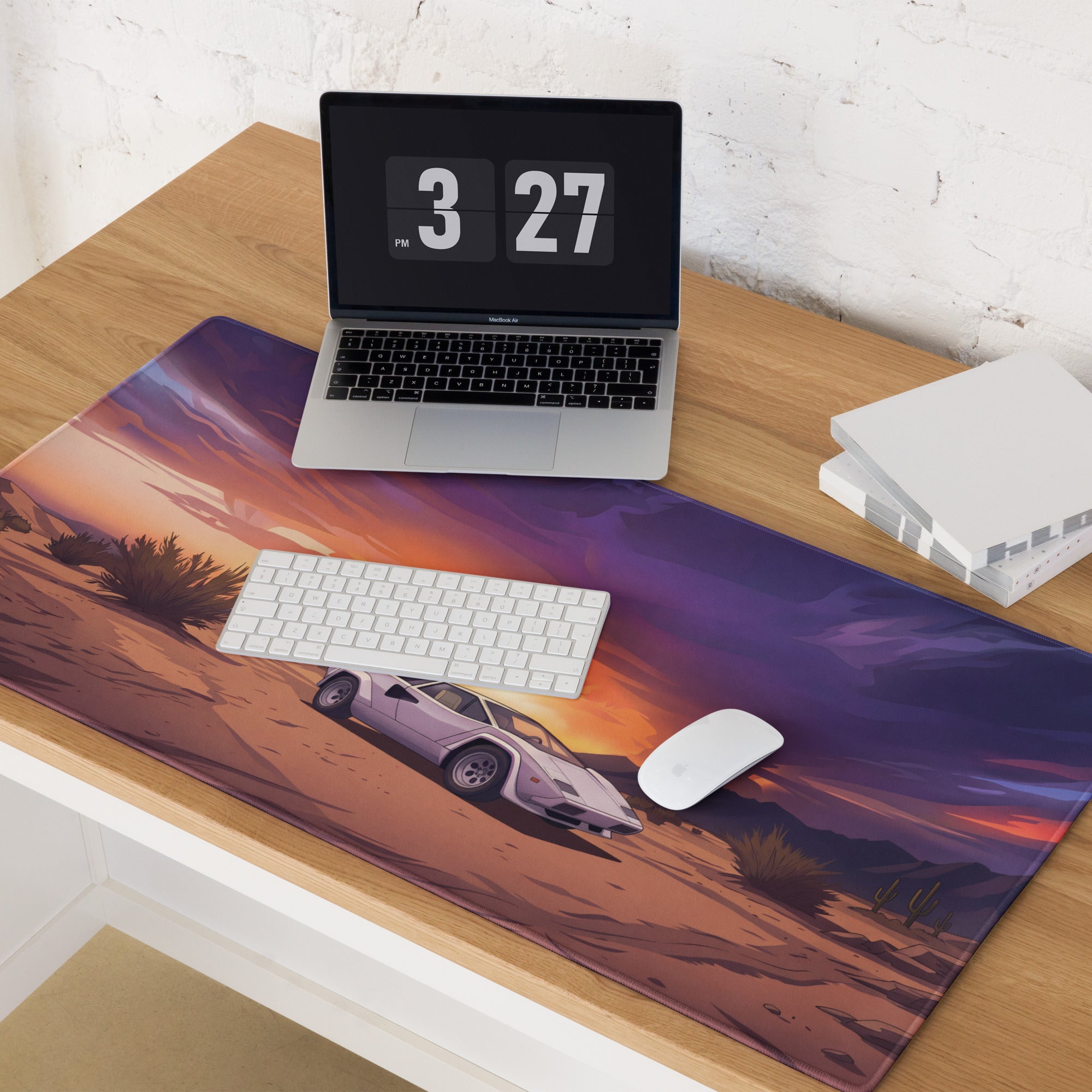 Lamborghini Countach Inspired White Orange Vaporwave Gaming Mouse Pad, Retro Supercar Desk Mat with Dramatic Desert Sunset Artwork