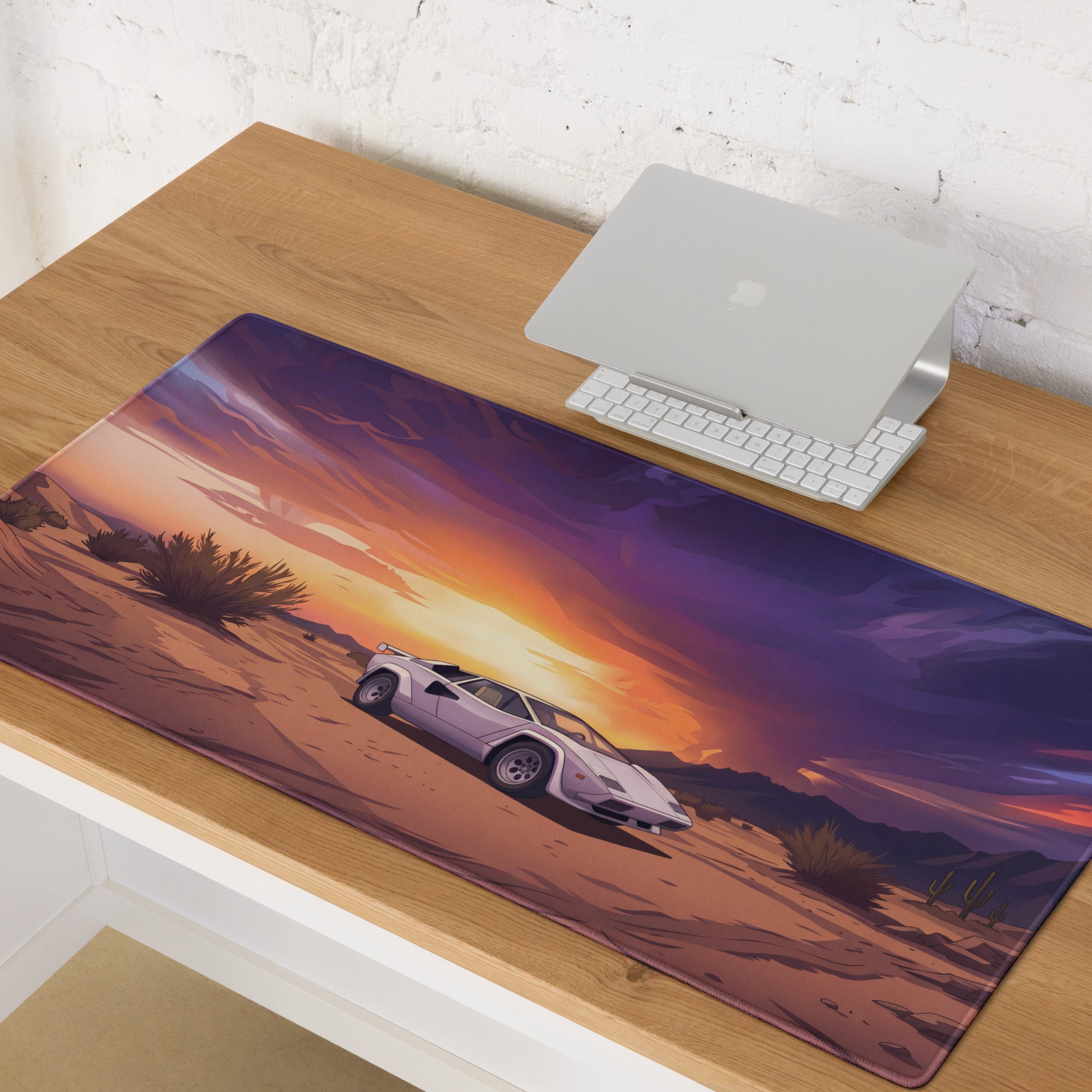 Lamborghini Countach Inspired White Orange Vaporwave Gaming Mouse Pad, Retro Supercar Desk Mat with Dramatic Desert Sunset Artwork