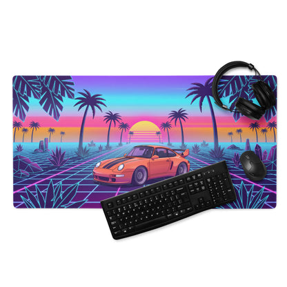 Porsche 911 Turbo 964 Inspired Orange Purple Vaporwave Gaming Mouse Pad, Classic Sports Car Desk Mat with Neon Grid Sunset and Palm Tree Artwork