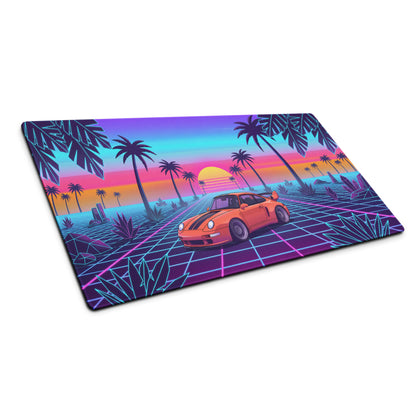 Porsche 911 Turbo 964 Inspired Orange Purple Vaporwave Gaming Mouse Pad, Classic Sports Car Desk Mat with Neon Grid Sunset and Palm Tree Artwork