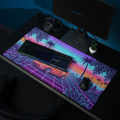 Porsche 911 Turbo 964 Inspired Orange Purple Vaporwave Gaming Mouse Pad, Classic Sports Car Desk Mat with Neon Grid Sunset and Palm Tree Artwork