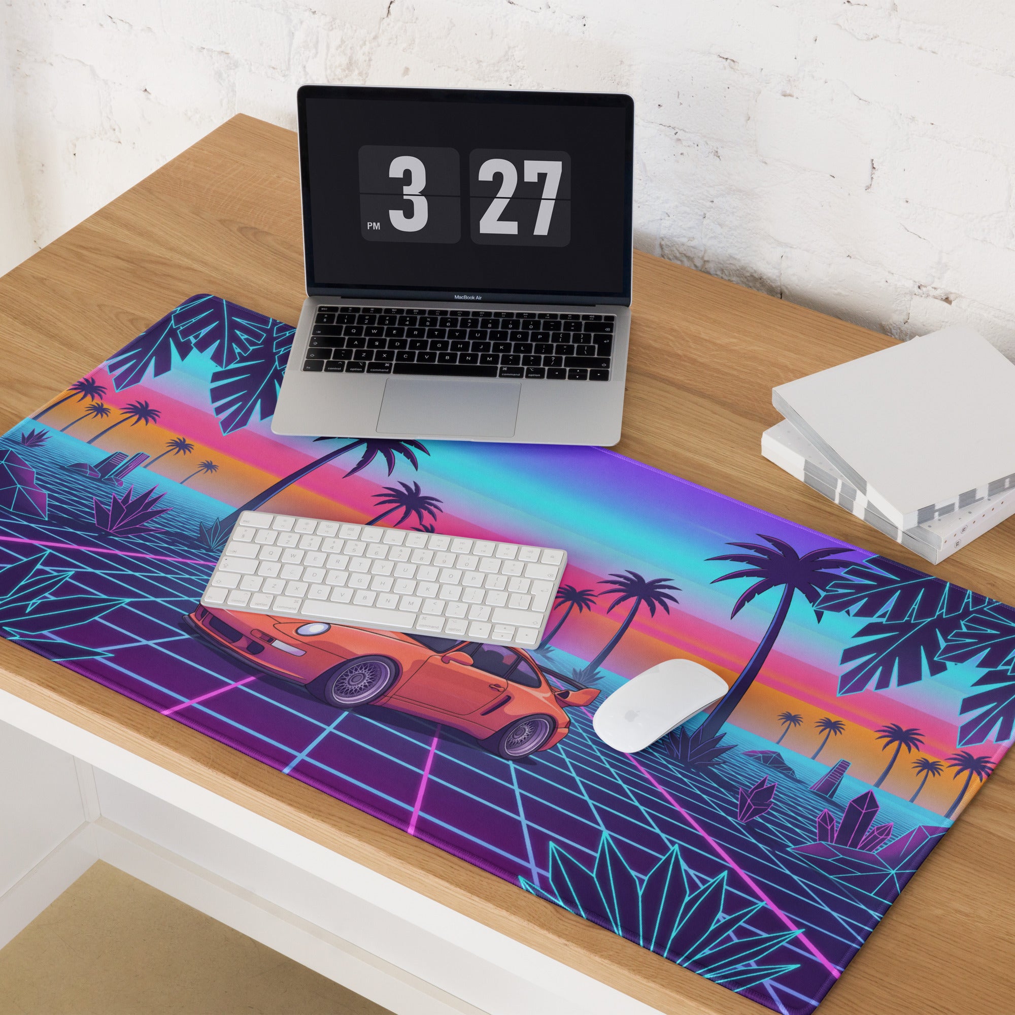 Porsche 911 Turbo 964 Inspired Orange Purple Vaporwave Gaming Mouse Pad, Classic Sports Car Desk Mat with Neon Grid Sunset and Palm Tree Artwork