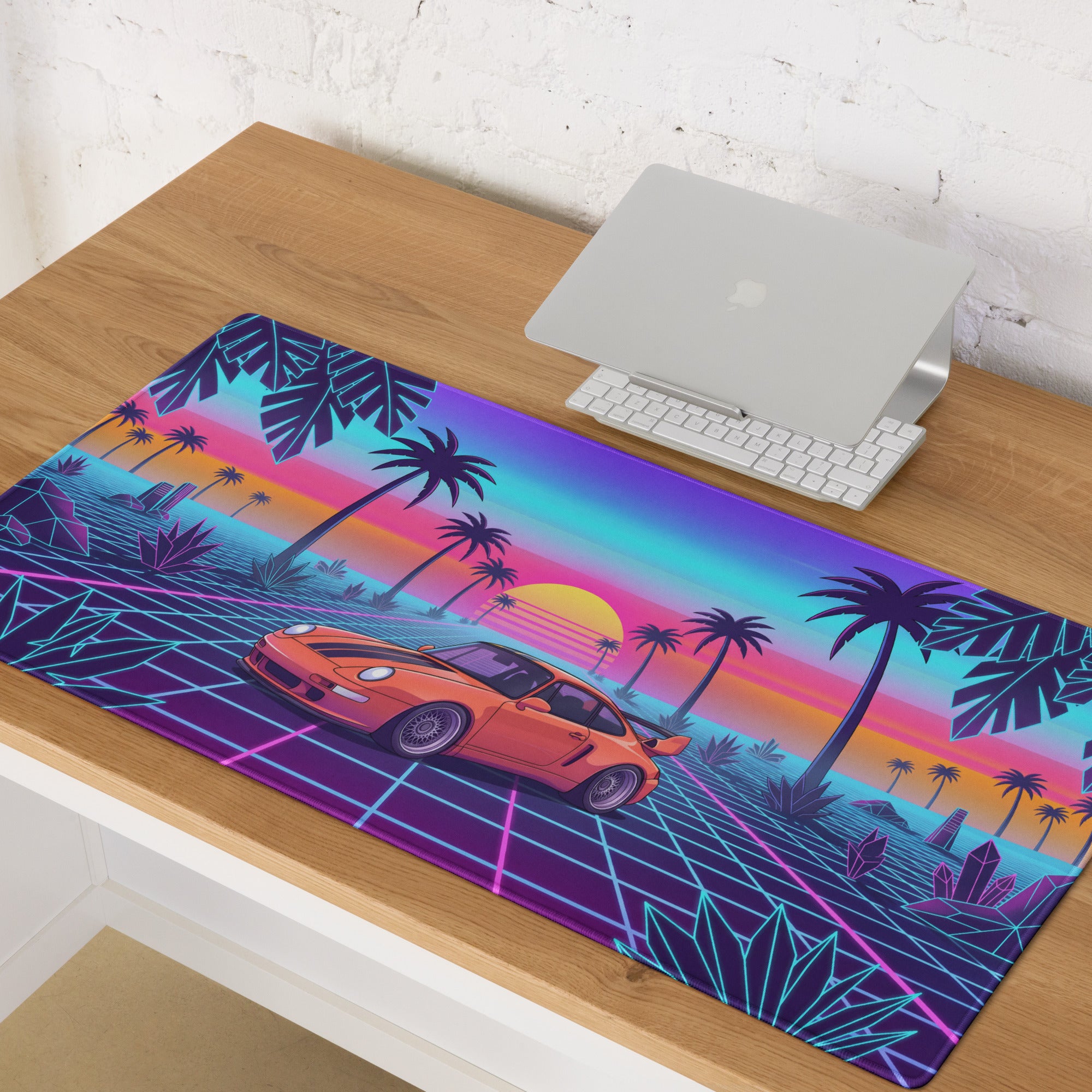 Porsche 911 Turbo 964 Inspired Orange Purple Vaporwave Gaming Mouse Pad, Classic Sports Car Desk Mat with Neon Grid Sunset and Palm Tree Artwork
