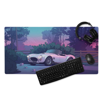 Shelby Cobra 427 Inspired White Purple Vaporwave Gaming Mouse Pad, Classic Roadster Desk Mat with Neon Forest and Retro Futuristic Grid Artwork