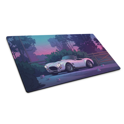 Shelby Cobra 427 Inspired White Purple Vaporwave Gaming Mouse Pad, Classic Roadster Desk Mat with Neon Forest and Retro Futuristic Grid Artwork