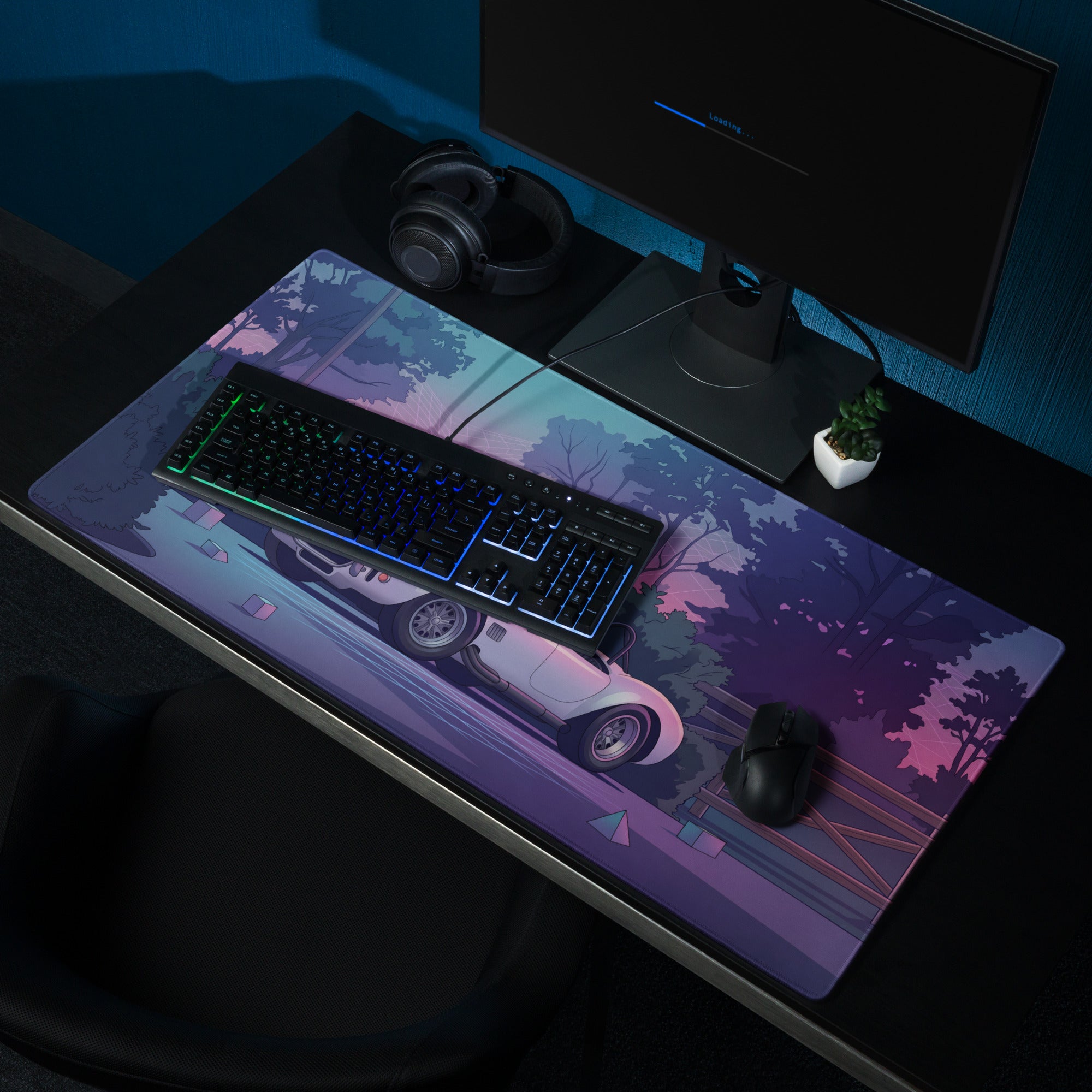 Shelby Cobra 427 Inspired White Purple Vaporwave Gaming Mouse Pad, Classic Roadster Desk Mat with Neon Forest and Retro Futuristic Grid Artwork