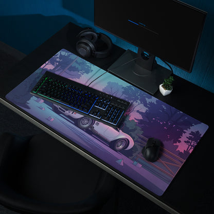 Shelby Cobra 427 Inspired White Purple Vaporwave Gaming Mouse Pad, Classic Roadster Desk Mat with Neon Forest and Retro Futuristic Grid Artwork