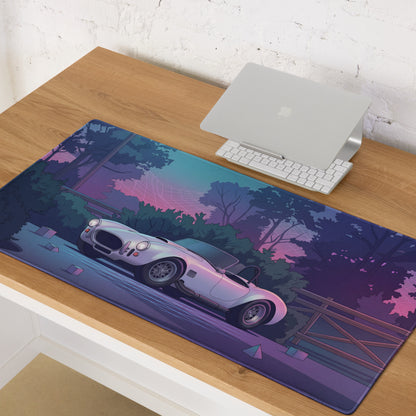 Shelby Cobra 427 Inspired White Purple Vaporwave Gaming Mouse Pad, Classic Roadster Desk Mat with Neon Forest and Retro Futuristic Grid Artwork