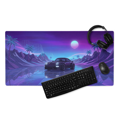 Porsche 911 Turbo 997 Inspired Black Purple Vaporwave Gaming Mouse Pad, Neon Sports Car Desk Mat with Retro Futuristic Sunset Artwork