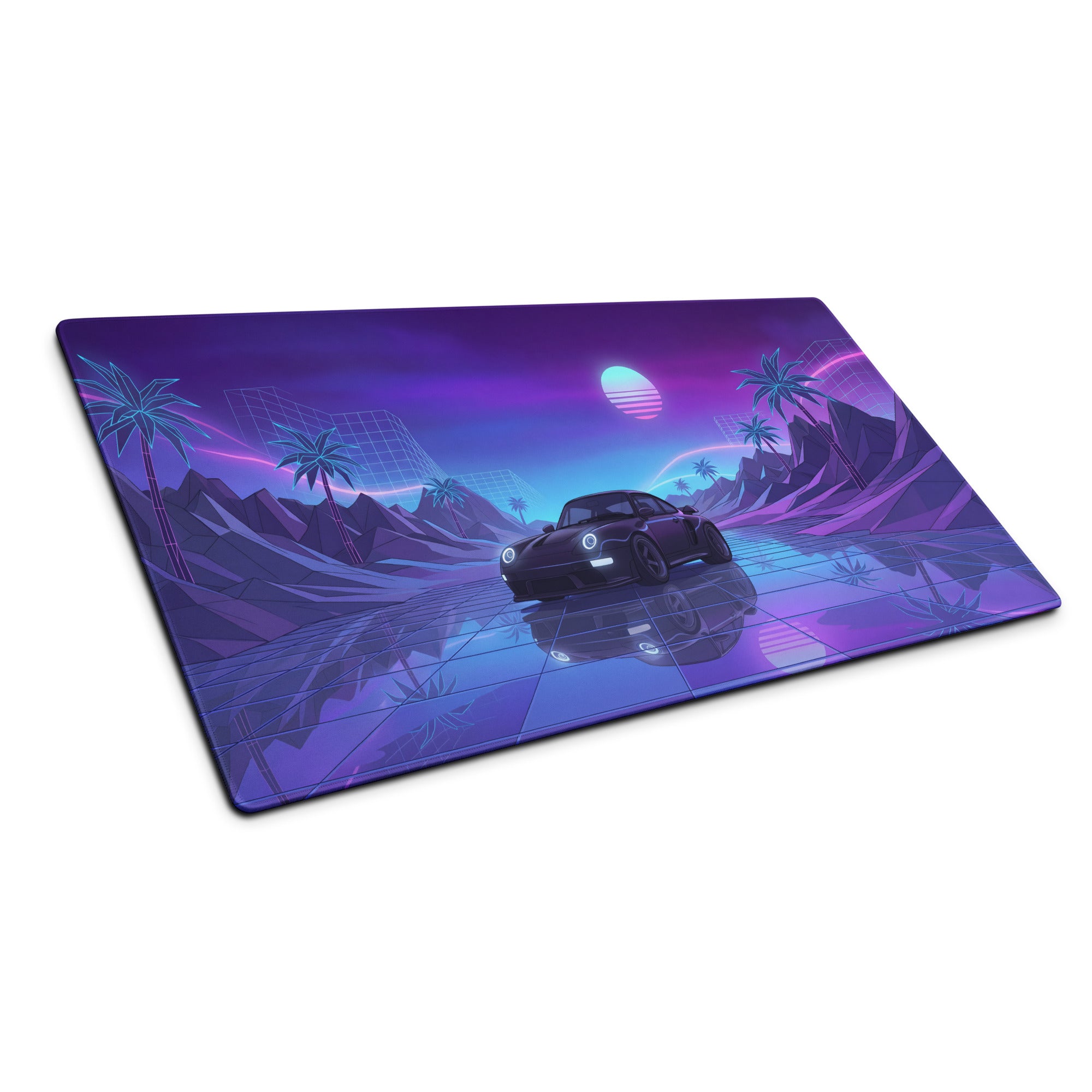Porsche 911 Turbo 997 Inspired Black Purple Vaporwave Gaming Mouse Pad, Neon Sports Car Desk Mat with Retro Futuristic Sunset Artwork