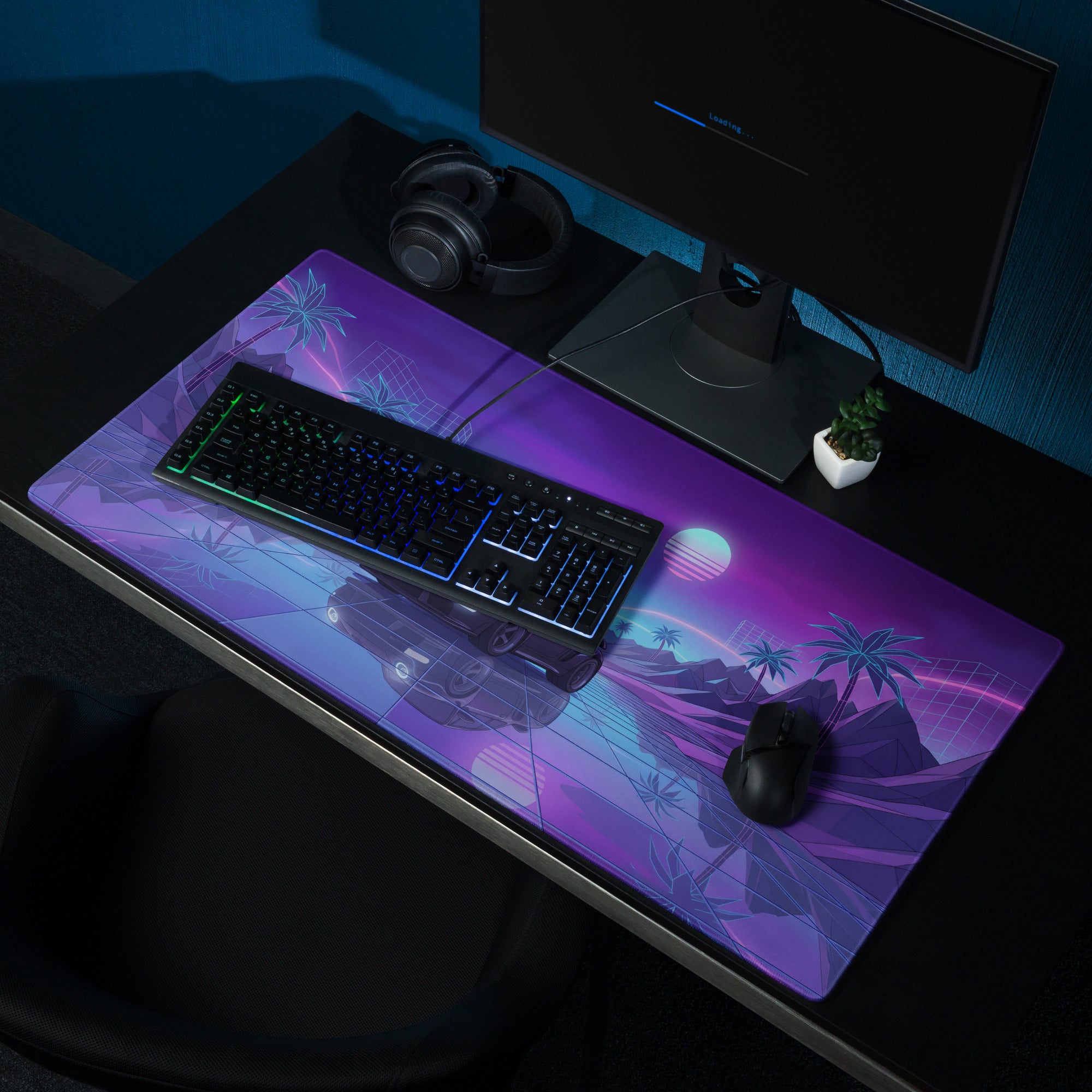 Porsche 911 Turbo 997 Inspired Black Purple Vaporwave Gaming Mouse Pad, Neon Sports Car Desk Mat with Retro Futuristic Sunset Artwork