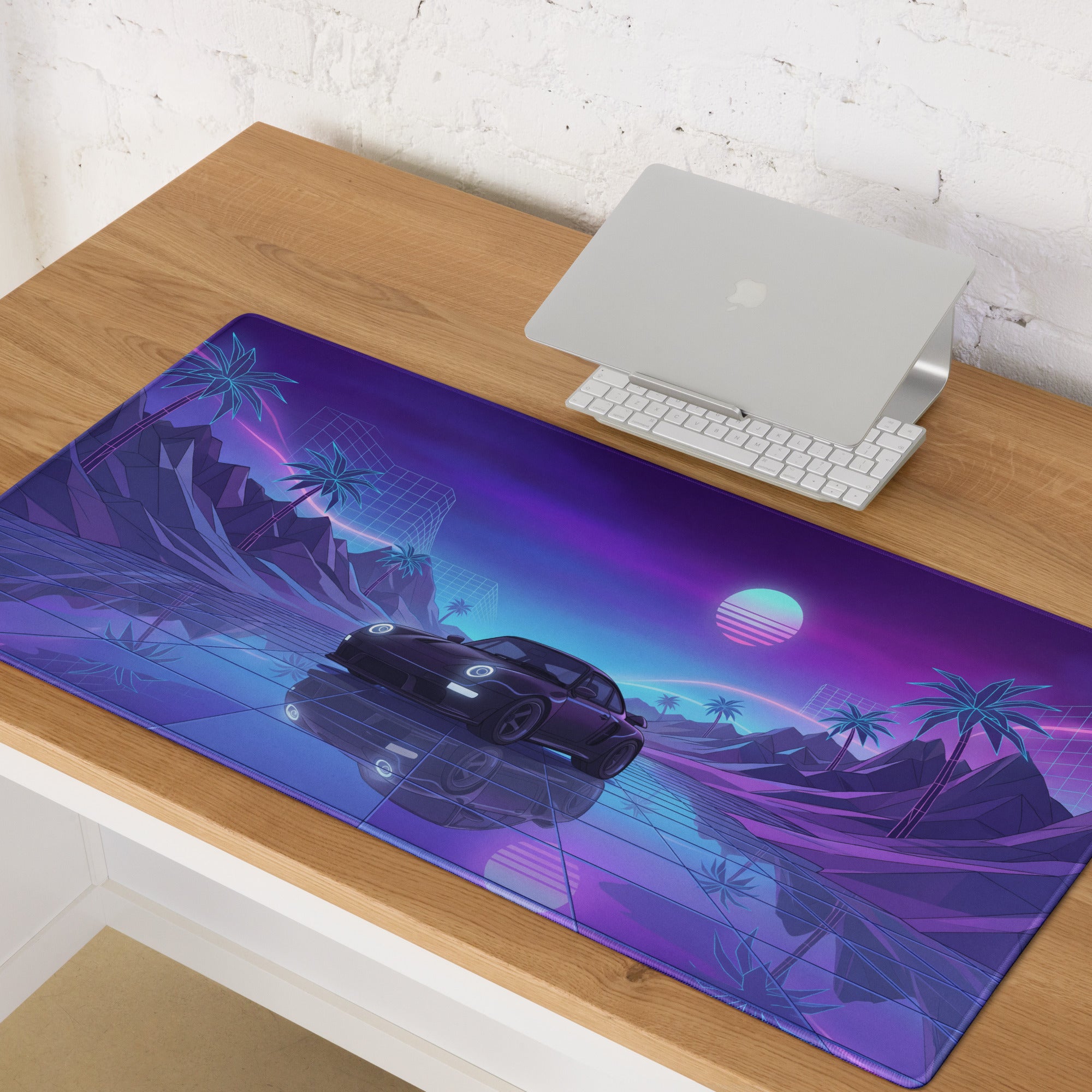 Porsche 911 Turbo 997 Inspired Black Purple Vaporwave Gaming Mouse Pad, Neon Sports Car Desk Mat with Retro Futuristic Sunset Artwork