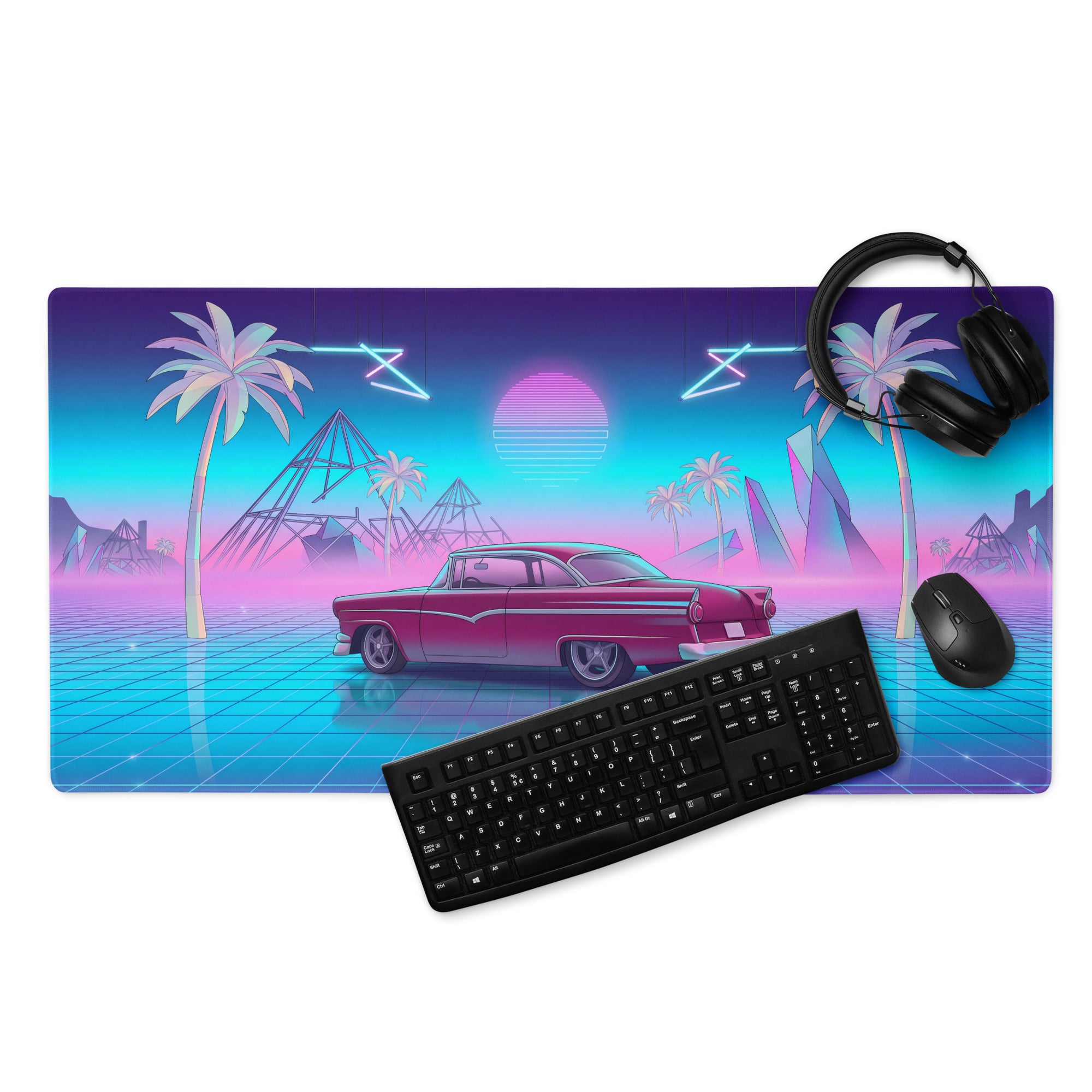 1957 Ford Fairlane 500 Inspired Burgundy Blue Vaporwave Gaming Mouse Pad, Classic American Coupe Desk Mat with Neon Grid Sunset Artwork