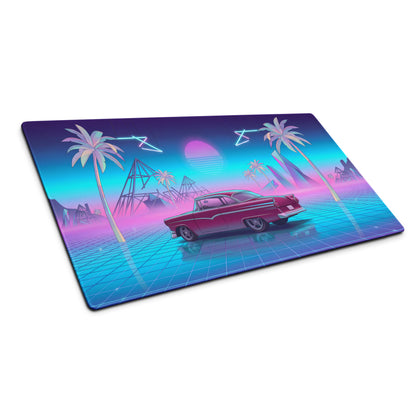 1957 Ford Fairlane 500 Inspired Burgundy Blue Vaporwave Gaming Mouse Pad, Classic American Coupe Desk Mat with Neon Grid Sunset Artwork