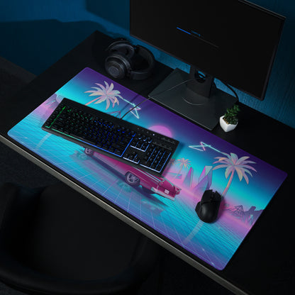 1957 Ford Fairlane 500 Inspired Burgundy Blue Vaporwave Gaming Mouse Pad, Classic American Coupe Desk Mat with Neon Grid Sunset Artwork