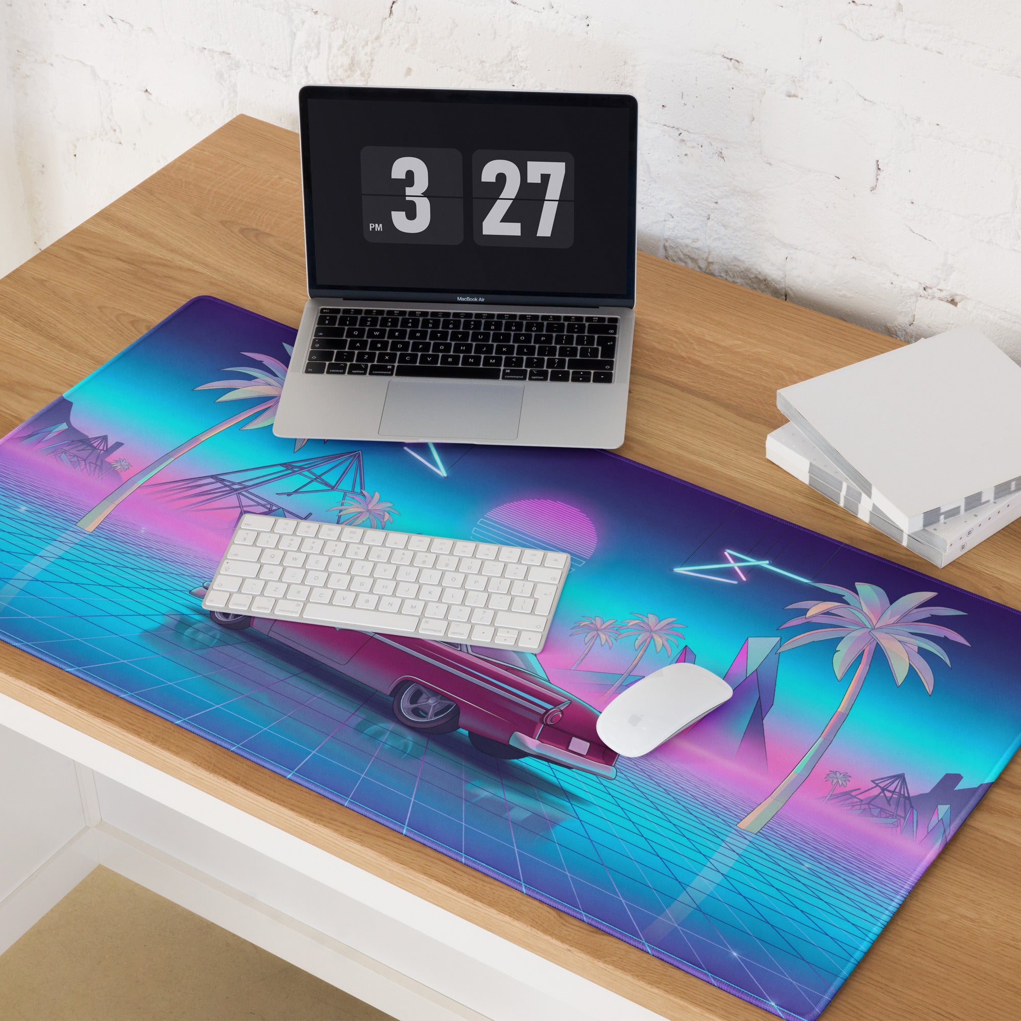 1957 Ford Fairlane 500 Inspired Burgundy Blue Vaporwave Gaming Mouse Pad, Classic American Coupe Desk Mat with Neon Grid Sunset Artwork
