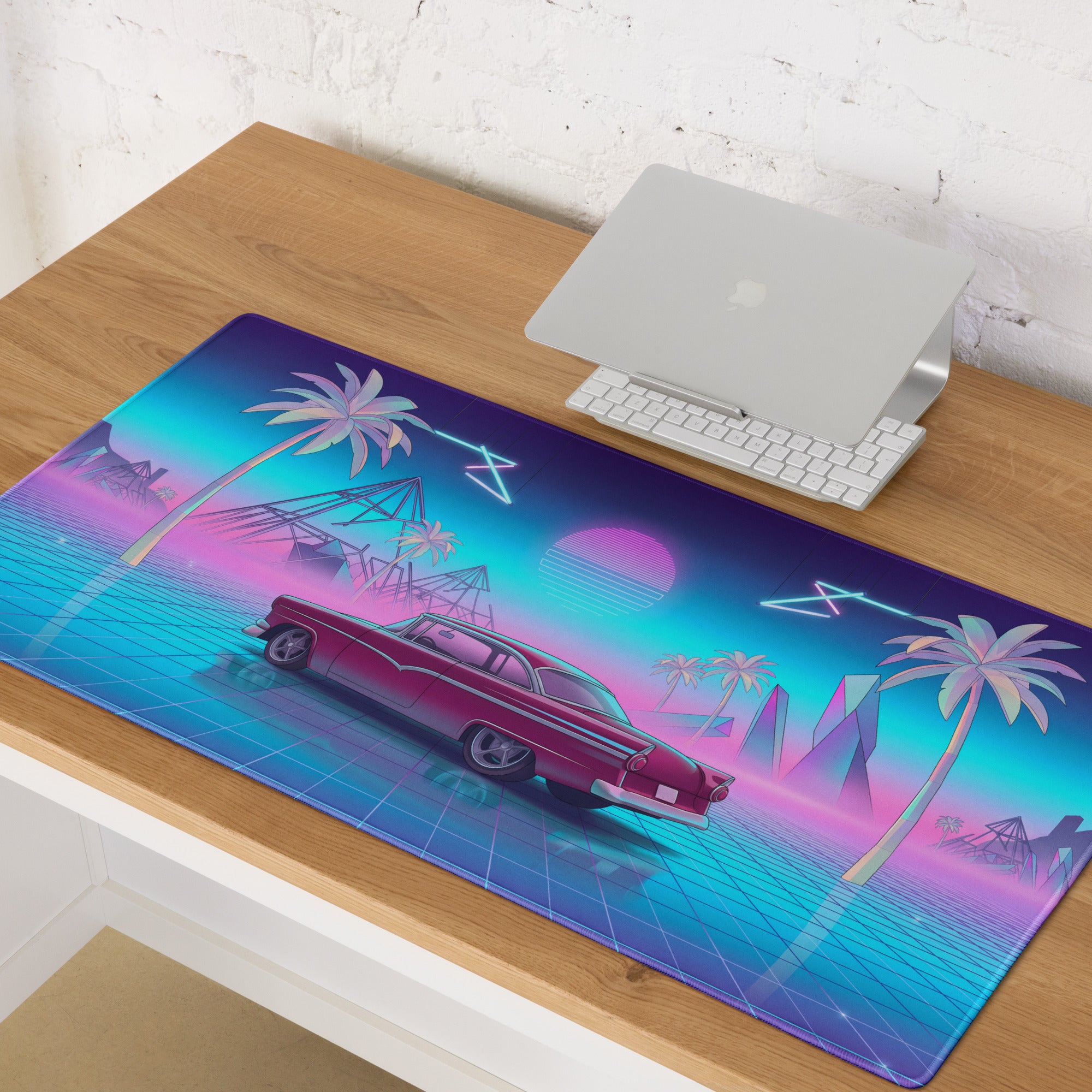 1957 Ford Fairlane 500 Inspired Burgundy Blue Vaporwave Gaming Mouse Pad, Classic American Coupe Desk Mat with Neon Grid Sunset Artwork