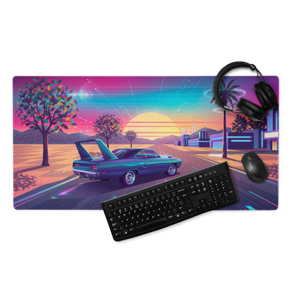 Plymouth Superbird Inspired Teal Pink Vaporwave Gaming Mouse Pad, Classic Winged Muscle Car Desk Mat with Neon Retro Futuristic Sunset Artwork