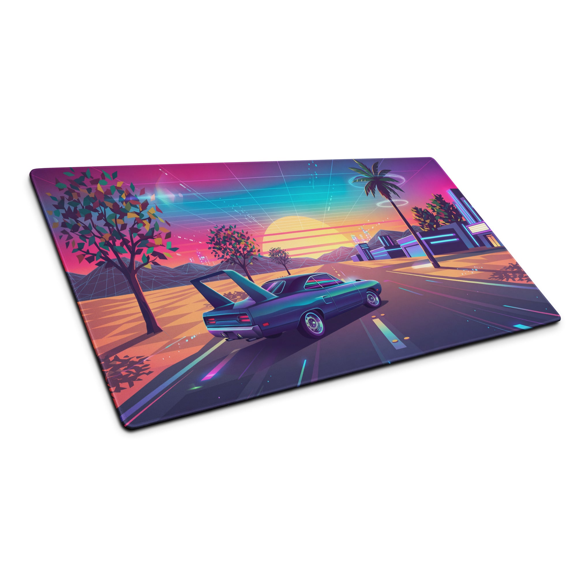 Plymouth Superbird Inspired Teal Pink Vaporwave Gaming Mouse Pad, Classic Winged Muscle Car Desk Mat with Neon Retro Futuristic Sunset Artwork