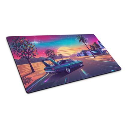Plymouth Superbird Inspired Teal Pink Vaporwave Gaming Mouse Pad, Classic Winged Muscle Car Desk Mat with Neon Retro Futuristic Sunset Artwork