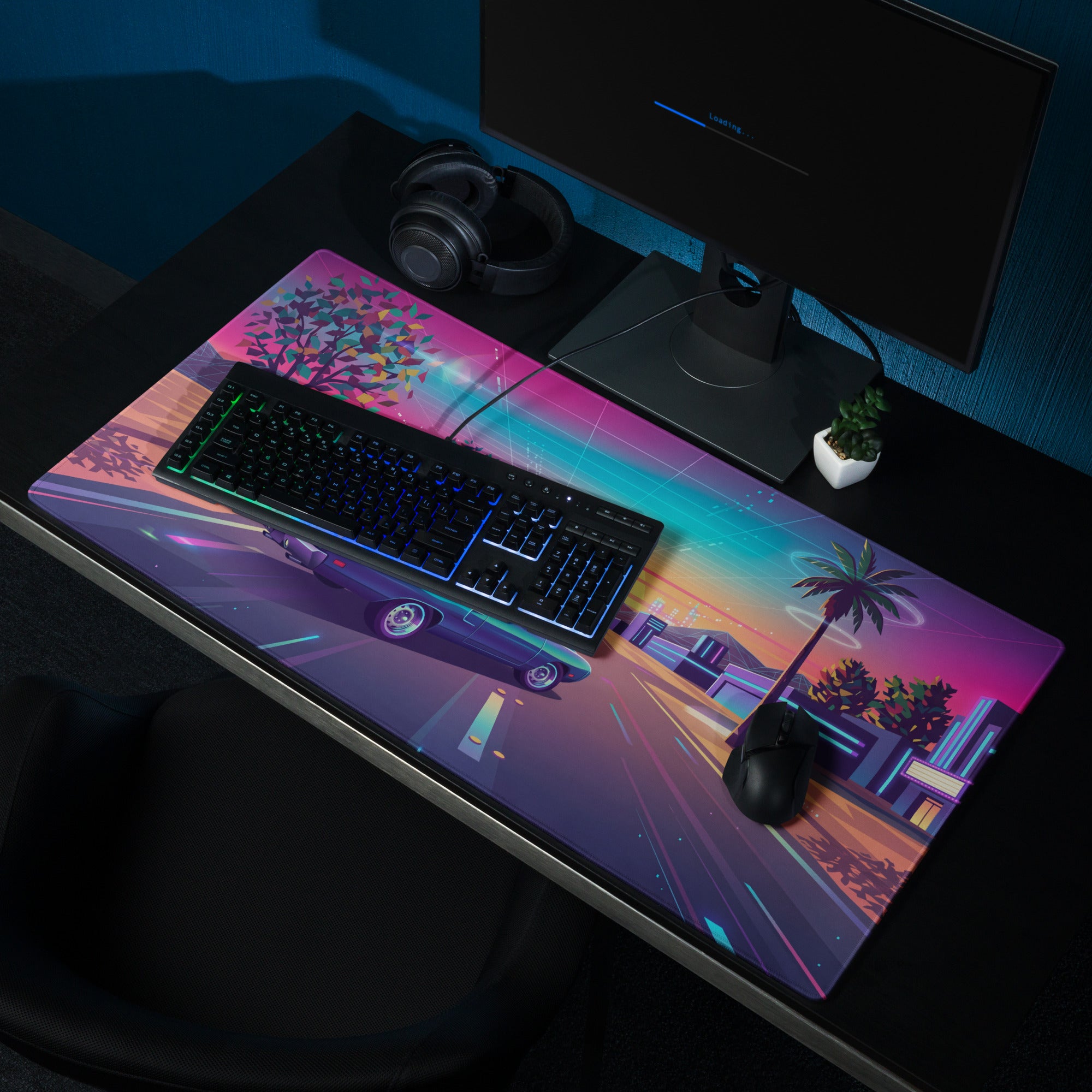 Plymouth Superbird Inspired Teal Pink Vaporwave Gaming Mouse Pad, Classic Winged Muscle Car Desk Mat with Neon Retro Futuristic Sunset Artwork
