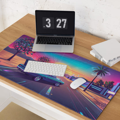 Plymouth Superbird Inspired Teal Pink Vaporwave Gaming Mouse Pad, Classic Winged Muscle Car Desk Mat with Neon Retro Futuristic Sunset Artwork